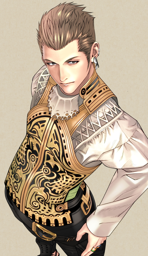 1boy, balflear, belt, black_pants, brown_eyes, brown_hair, earrings, final_fantasy, final_fantasy_xii, from_above, gold_shirt, hair_slicked_back, hand_on_hip, jewelry, ko102k1, long_sleeves, looking_at_viewer, loose_belt, male_focus, multiple_earrings, pants, ring, shirt, short_hair, sideburns, solo, white_shirt