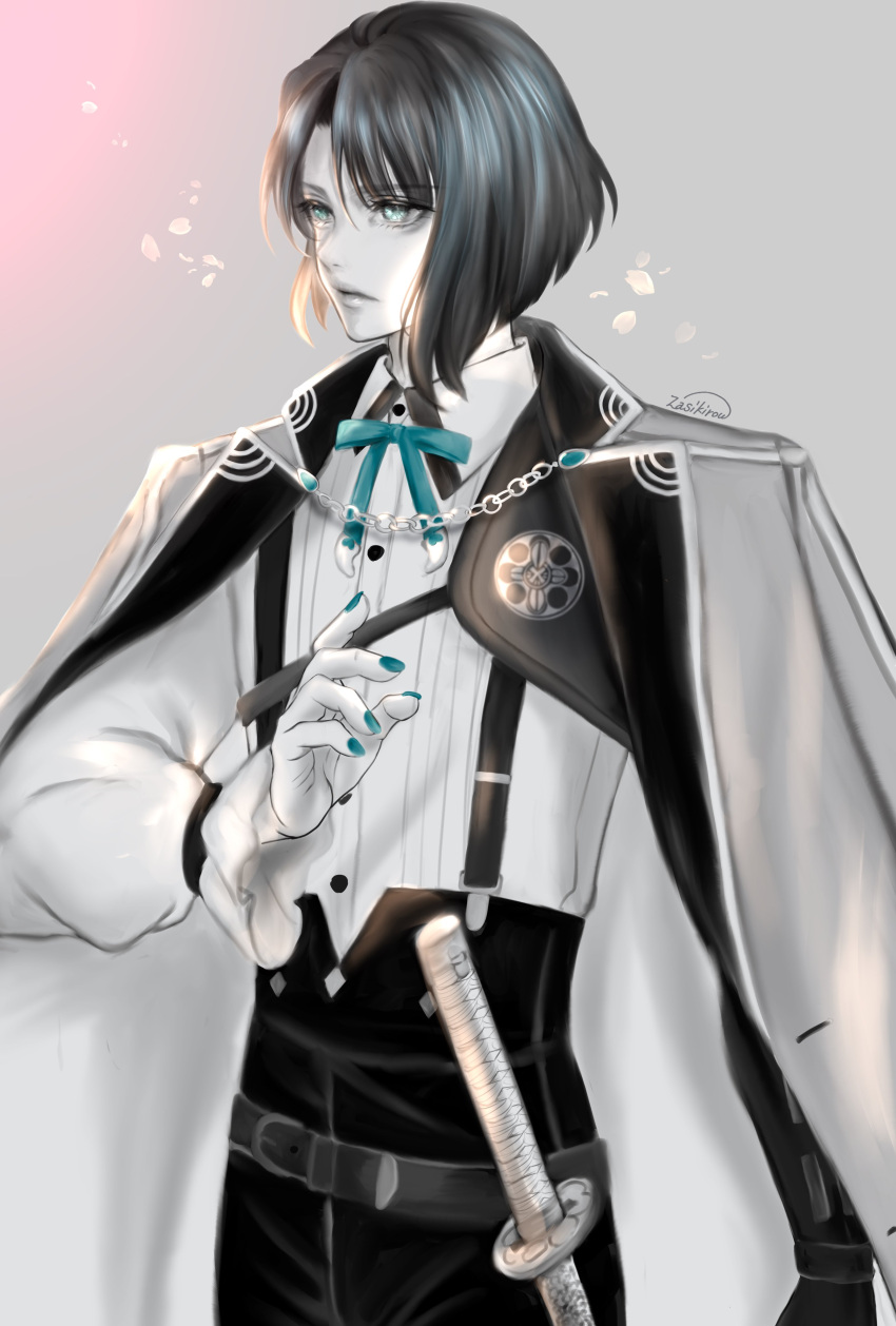 1boy, absurdres, androgynous, belt, black_pants, blue_eyes, bow, bowtie, facing_to_the_side, formal, greyscale, highres, looking_ahead, male_focus, matsui_gou, monochrome, nail_polish, pants, shirt, short_hair, solo, suspenders, sword, touken_ranbu, weapon, white_shirt, zasikirou