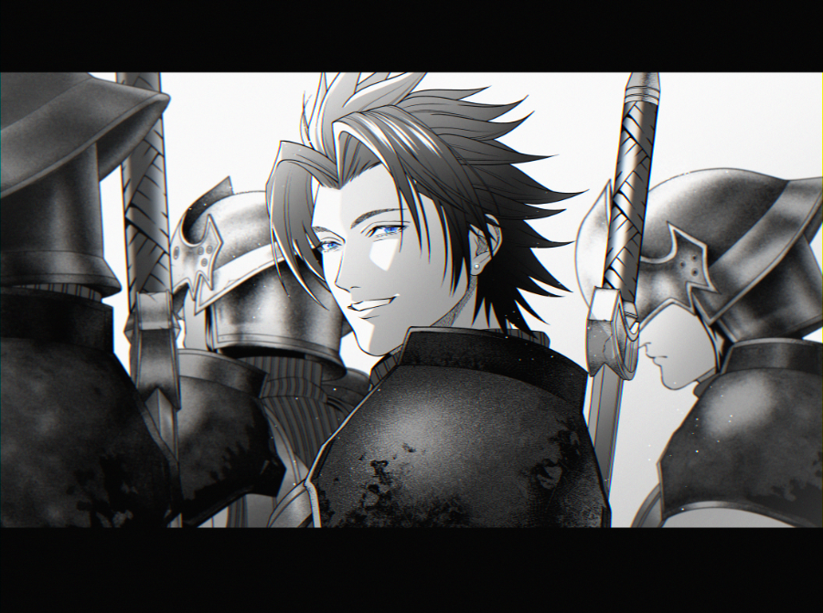 armor, bangs, black_hair, blue_eyes, crisis_core_final_fantasy_vii, earrings, final_fantasy, final_fantasy_vii