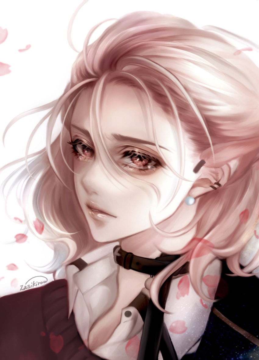 1boy, absurdres, androgynous, brown_eyes, choker, crying, crying_with_eyes_open, ear_piercing, earrings, facing_away, flower, highres, jewelry, looking_at_viewer, male_focus, murakumo_gou, parted_lips, petals, piercing, pink_flower, pink_hair, ponytail, short_hair, solo, tears, teeth, touken_ranbu, wavy_hair, white_background, zasikirou