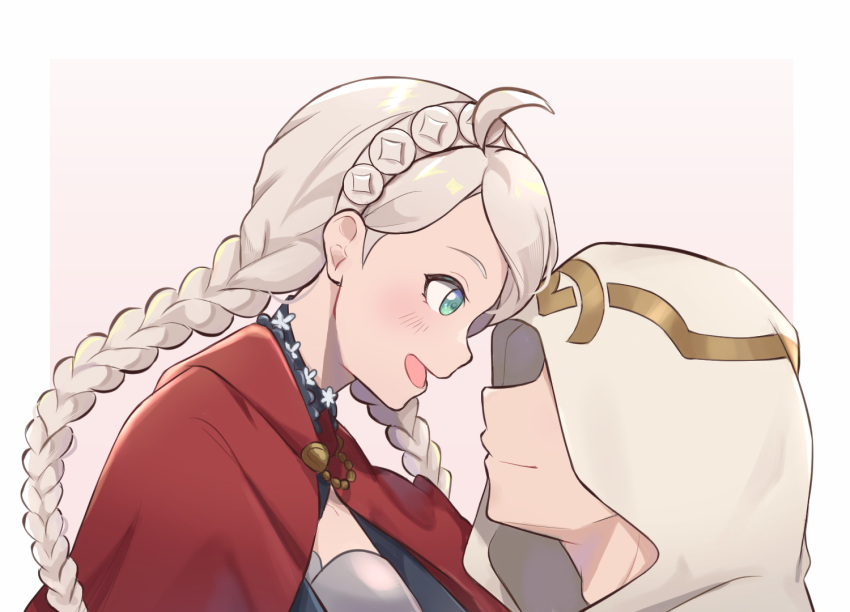 1boy, 1girl, ahoge, bangs, blue_eyes, braid, buttons, capelet