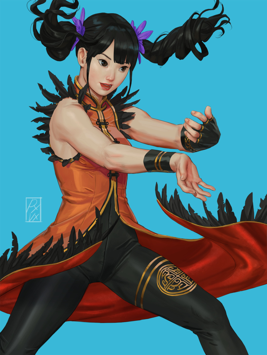 black_hair, blue_background, brown_eyes, highres, ling_xiaoyu, namco, open_mouth, pxvx, pxvxvx, red_lips, solo, tekken, tekken_3, tekken_tag_tournament