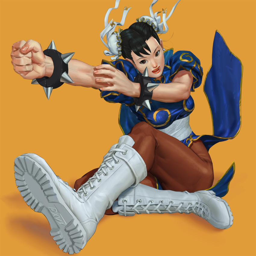 black_hair, bracelet, brown_eyes, chun-li, double_bun, full_body, hair_bun, highres
