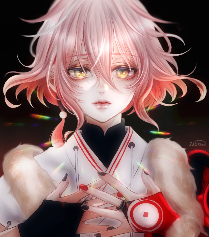 1boy, absurdres, androgynous, brown_background, facing_viewer, fingerless_gloves, gloves, hanjin_(touken_ranbu)