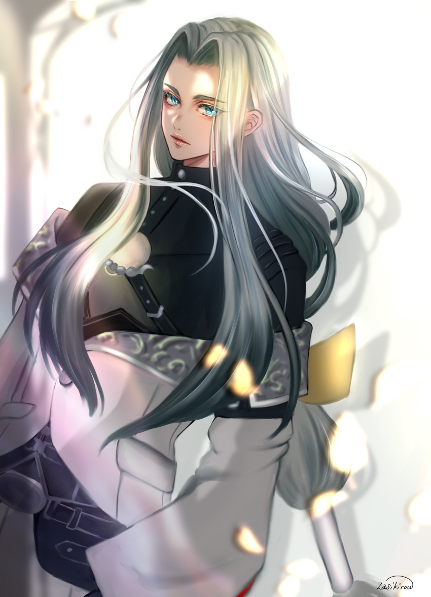 1boy, absurdres, black_hair, blue_eyes, closed_mouth, colored_tips, grey_hair, highres, himetsuru_ichimonji, long_hair, long_sleeves, looking_at_viewer, male_focus, multicolored_hair, off-shoulder_shirt, off_shoulder, shirt, solo, touken_ranbu, wavy_hair, zasikirou