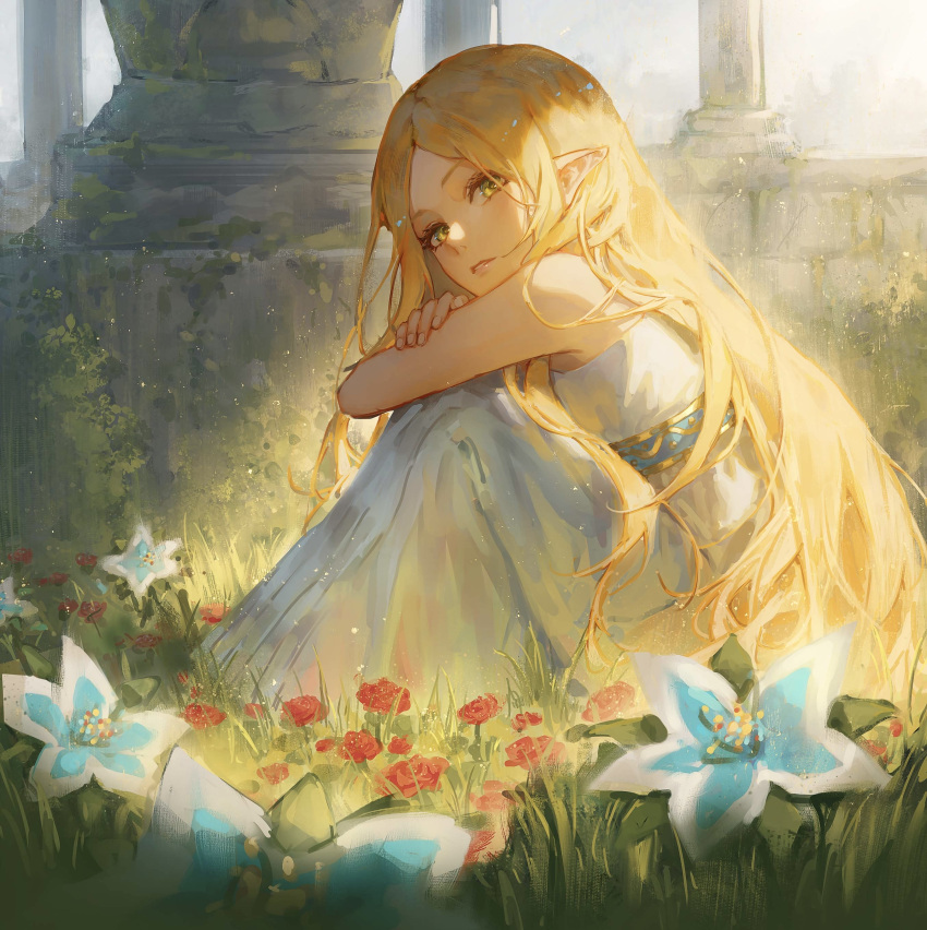 1girl, absurdres, blonde_hair, commentary, dress, english_commentary, flower, forehead, grass, green_eyes, highres, knees_to_chest, lips, long_hair, looking_at_viewer, outdoors, parted_lips, pink_lips, pointy_ears, princess_zelda, red_flower, silent_princess, sitting, sleeveless, sleeveless_dress, solo, strapless, strapless_dress, sunlight, the_legend_of_zelda, the_legend_of_zelda:_breath_of_the_wild, very_long_hair, white_dress, zieru