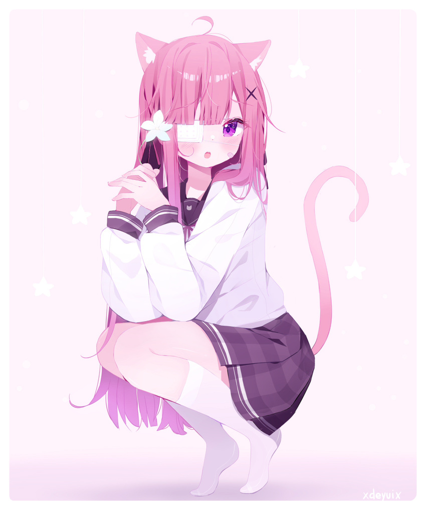 1girl, ahoge, animal_ear_fluff, animal_ears, bandaid, bandaid_on_cheek, bandaid_on_face, bangs, black_sailor_collar, black_skirt, blush, cat_ears, cat_girl, cat_tail, commentary, deyui, eyepatch, flower, hair_flower, hair_ornament, highres, indie_virtual_youtuber, long_sleeves, looking_at_viewer, medical_eyepatch, mikeneko_(utaite), no_shoes, open_mouth, own_hands_together, pink_background, pleated_skirt, puffy_long_sleeves, puffy_sleeves, sailor_collar, school_uniform, serafuku, shirt, skirt, socks, solo, squatting, star_(symbol), symbol-only_commentary, tail, tail_raised, teeth, tiptoes, upper_teeth, violet_eyes, virtual_youtuber, white_flower, white_shirt, x_hair_ornament