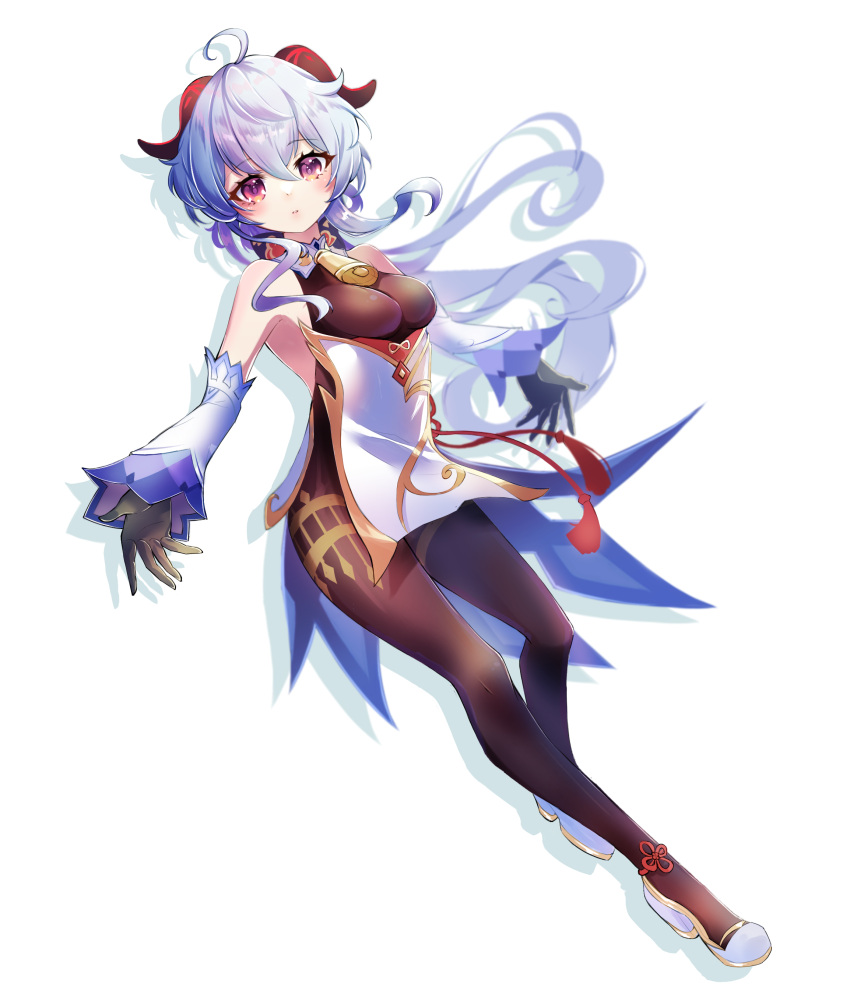 1girl, absurdres, ahoge, bangs, bare_shoulders, bell, black_gloves, blue_hair, blush, breasts, brown_pantyhose, detached_sleeves, floating, full_body, ganyu_(genshin_impact), genshin_impact, gloves, gold_trim, high_heels, highres, horns, long_hair, looking_at_viewer, medium_breasts, miisu_(minirose), neck_bell, pantyhose, sidelocks, solo, tassel, thighlet, violet_eyes, waist_cape, white_background, white_sleeves