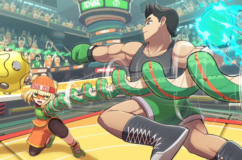 1boy, 1girl, arclumx, arms_(game), bangs, beanie, black_hair, blonde_hair