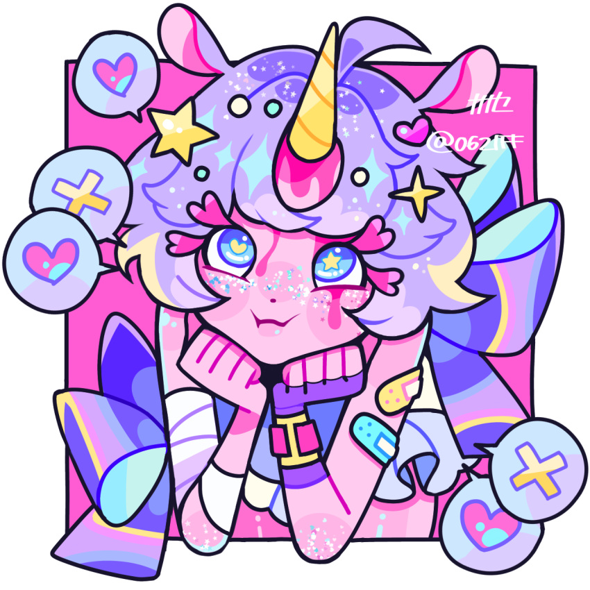 0621ff, 1girl, :t, animal_ears, bandaged_arm, bandages, bandaid, bandaid_on_arm, bangs, blood, blood_drip, blood_on_face, blue_eyes, blush_stickers, bow, cheek_squash, clenched_hands, colored_skin, fingerless_gloves, glitter, gloves, hair_ornament, hands_on_own_face, hands_up, heart, heart_hair_ornament, highres, horns, horse_ears, long_eyelashes, looking_to_the_side, looking_up, original, parted_bangs, pink_blood, pink_skin, purple_hair, ribbon, short_hair, single_fingerless_glove, single_glove, single_horn, solo, sparkle, speech_bubble, spoken_heart, spoken_x, star-shaped_pupils, star_(symbol), star_hair_ornament, symbol-shaped_pupils, unicorn_girl