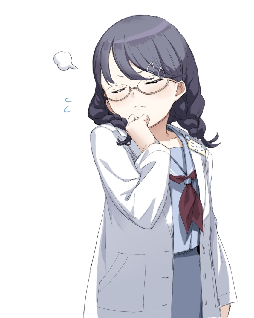 1girl, bangs, black_hair, braid, closed_eyes, commentary_request, fukumaru_koito, gbsangou, highres, idolmaster, idolmaster_shiny_colors, labcoat, long_hair, long_sleeves, low_twin_braids, neckerchief, pout, sailor_collar, school_uniform, serafuku, solo, swept_bangs, twin_braids, twintails, upper_body, white_background