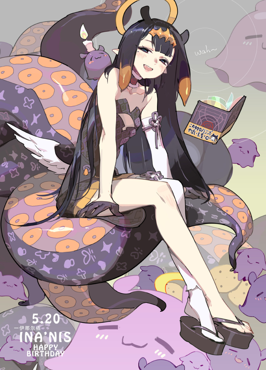 1girl, :3, :d, bangs, bare_shoulders, black_hair, blunt_bangs, blush