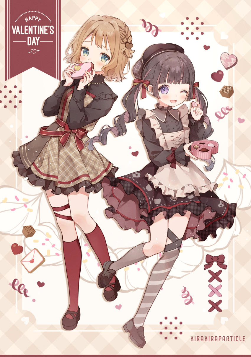 2girls, :d, absurdres, apron, asymmetrical_legwear, bangs, beret, black_hair