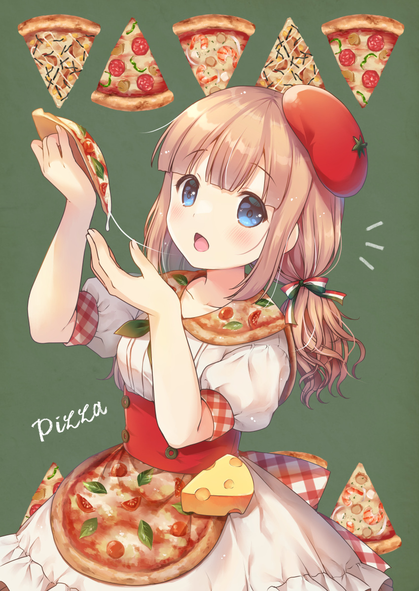 1girl, absurdres, apron, arm_up, back_bow, bangs, beret, blue_eyes