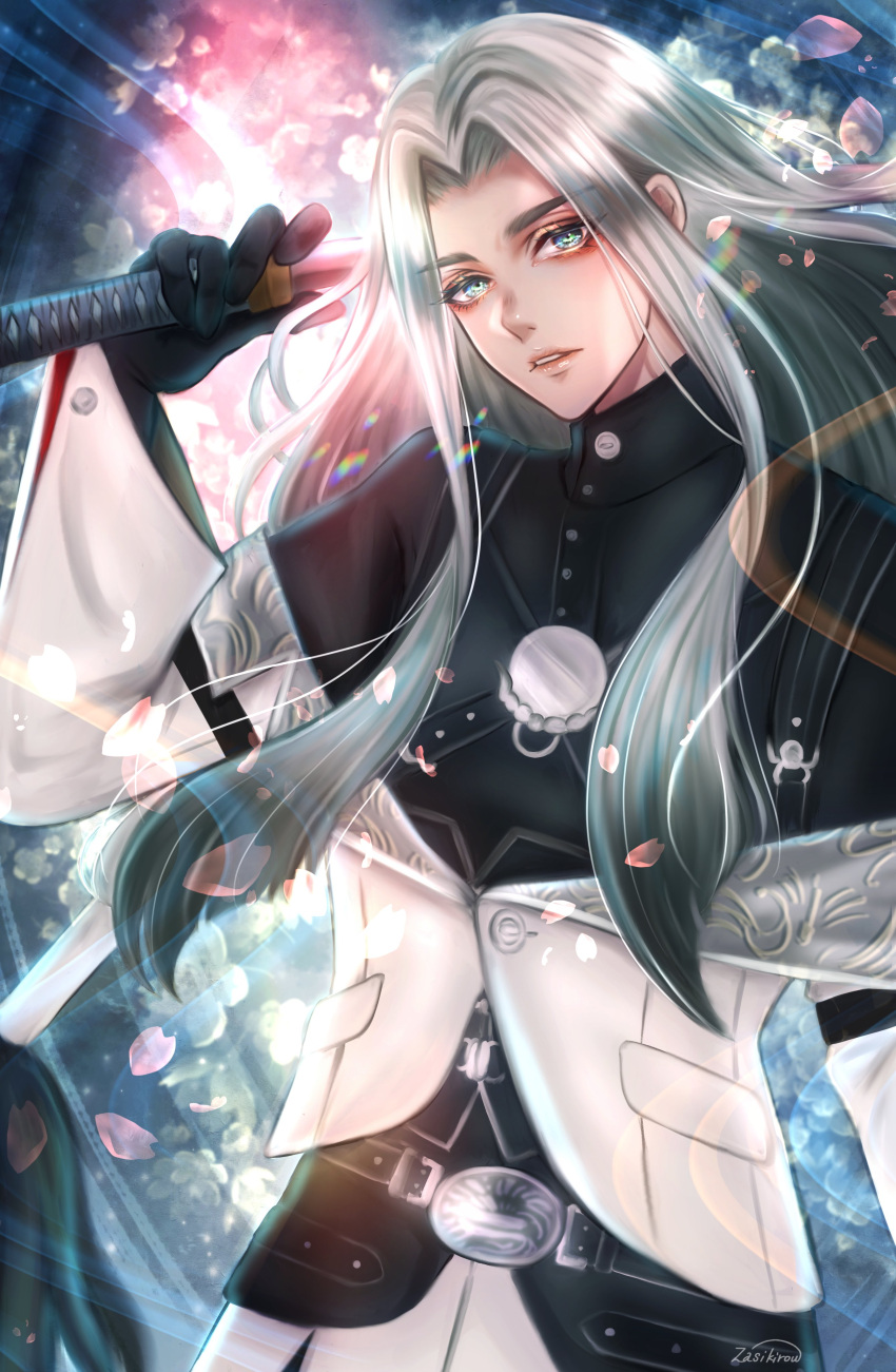 1boy, absurdres, black_hair, colored_tips, grey_eyes, grey_hair, highres, himetsuru_ichimonji