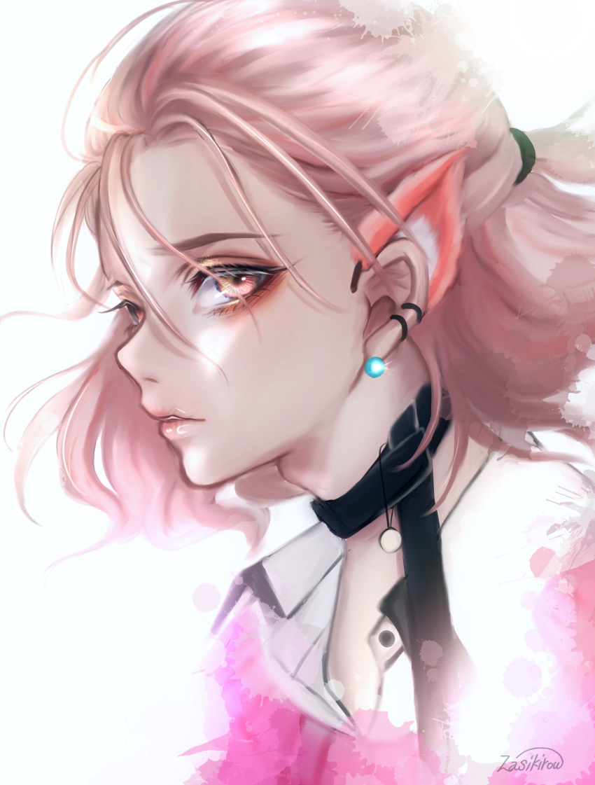 1boy, absurdres, animal_ears, belt, belt_necktie, collared_shirt, ear_piercing, earrings, facing_to_the_side, fake_animal_ears, highres, jewelry, looking_to_the_side, male_focus, murakumo_gou, piercing, pink_eyes, pink_hair, shirt, short_hair, solo, sweater, touken_ranbu, wavy_hair, zasikirou