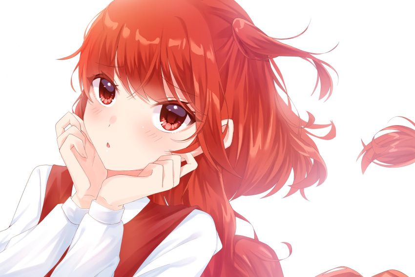 1girl, bangs, blush, braid, collared_shirt, hands_on_own_chin, highres, long_hair, long_sleeves, looking_at_viewer, milll_77, okazaki_yumemi, open_mouth, red_eyes, red_vest, redhead, shirt, side_ponytail, single_braid, solo, touhou, touhou_(pc-98), very_long_hair, vest, white_background, white_shirt