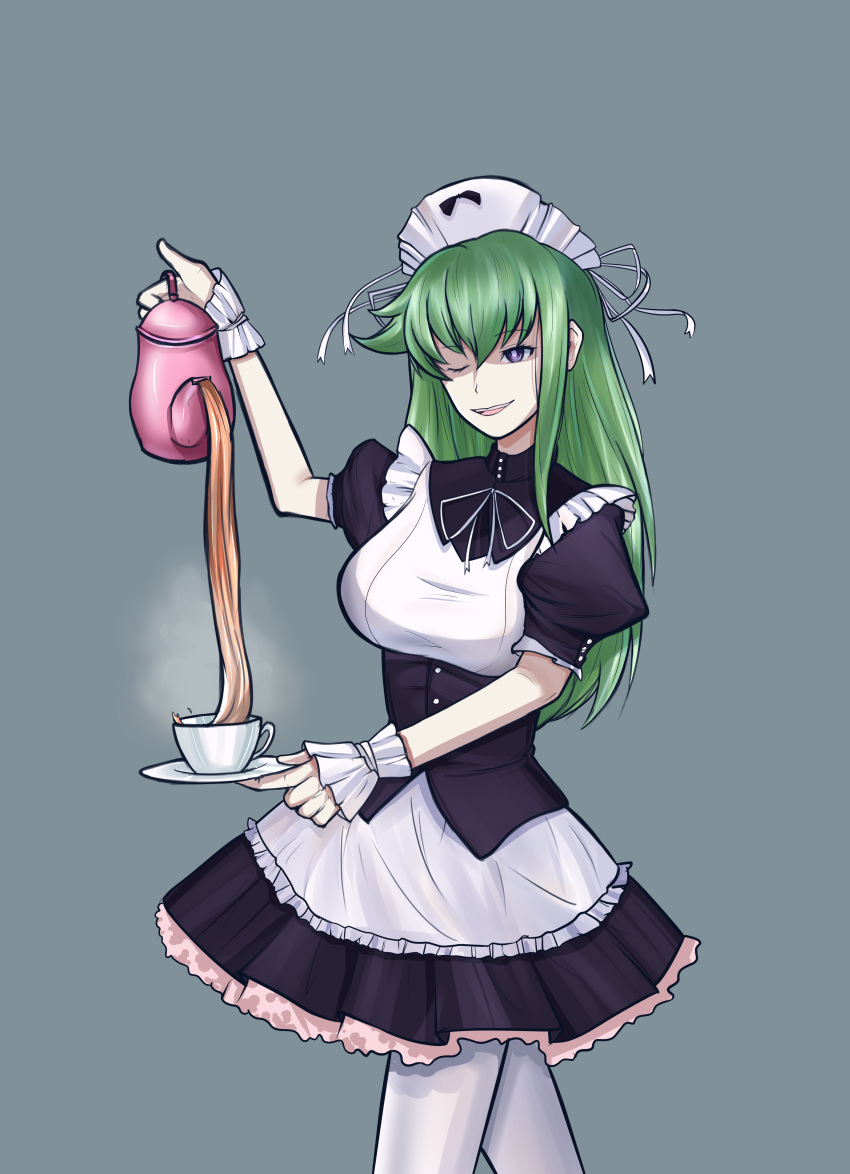 1girl, absurdres, apron, breasts, collar, cup, detached_sleeves, eyebrows_hidden_by_hair