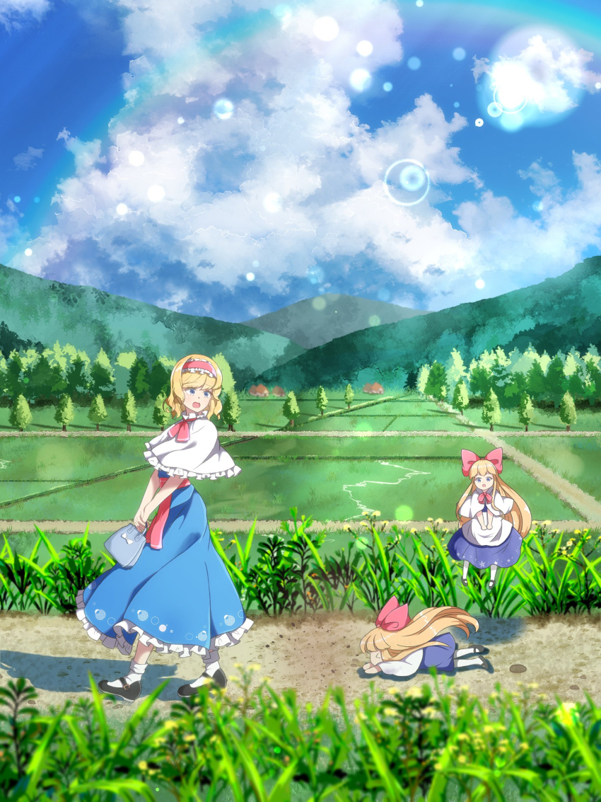 3girls, absurdres, alice_margatroid, apron, ascot, bag, bangs, black_footwear, blonde_hair, blue_dress, blue_eyes, capelet, cattleya_(a_yel_ttac), closed_eyes, crops, day, dress, falling, field, floating, frilled_ascot, frilled_dress, frills, grass, handbag, highres, long_hair, mary_janes, medium_hair, minigirl, mountainous_horizon, multiple_girls, outdoors, puffy_short_sleeves, puffy_sleeves, red_ascot, road, shanghai_doll, shoes, short_sleeves, touhou, tree, waist_apron, walking, white_capelet