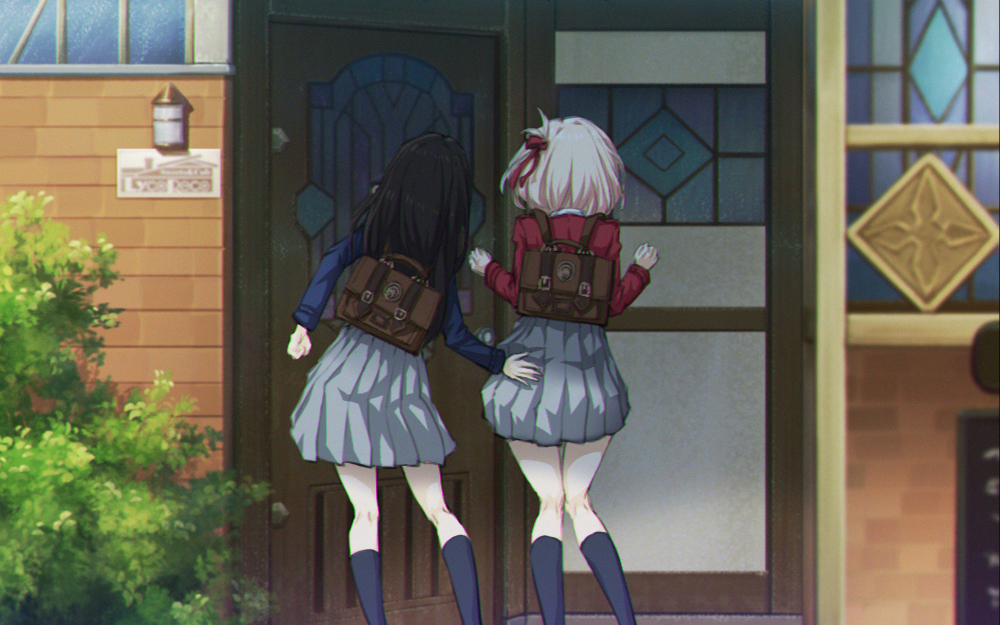 2girls, ass_grab, bag, bush, cafe, day, door, from_behind, hair_ribbon, inoue_takina, kumo_(876371655), long_hair, lycoris_recoil, multiple_girls, nishikigi_chisato, outdoors, ribbon, school_bag, school_uniform, short_hair, skirt, socks, surprised, white_hair, yuri