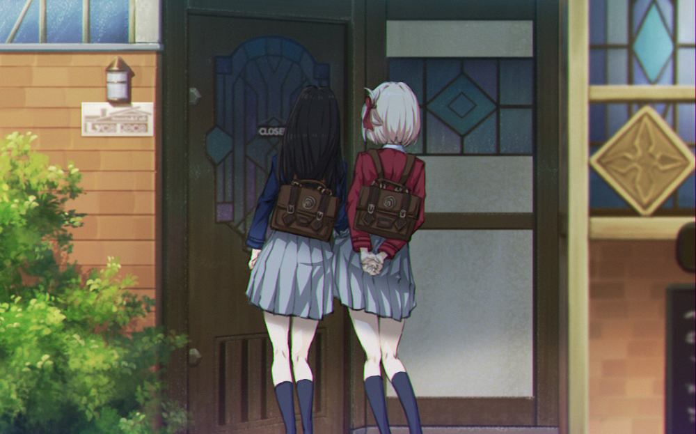 2girls, arms_behind_back, bag, bush, cafe, day, door, from_behind