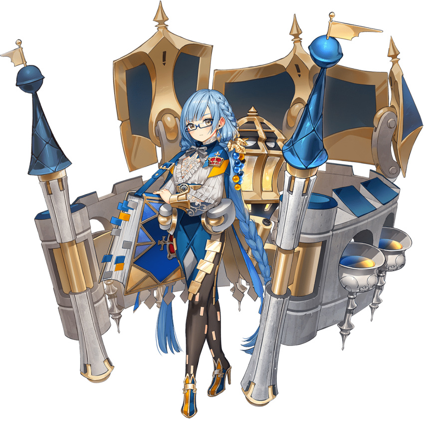 1girl, artist_request, bangs, blue-framed_eyewear, blue_footwear, blue_hair, blue_skirt, book, bracer, braid, castle, crown_(symbol), earrings, food-themed_hair_ornament, frilled_shirt, frills, full_body, glasses, grape_hair_ornament, grey_eyes, grey_ribbon, hair_ornament, high_heels, jewelry, karlstejn_castle_(oshiro_project), leaf_hair_ornament, long_hair, looking_at_viewer, multicolored_footwear, neck_ribbon, official_art, orange_footwear, oshiro_project, oshiro_project_re, oversized_object, pantyhose, ribbon, shirt, skirt, solo, standing, swept_bangs, tachi-e, transparent_background, twin_braids, twintails, white_shirt