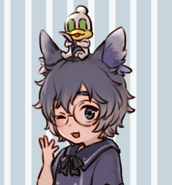2boys, :3, animal_ears, bangs, bkub_(vtuber), black_bow, black_eyes, black_hair