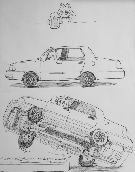 1girl, ^^^, alcohol, animal_ears, beer, beer_mug, car, cat_ears, chibi, cup, driving, english_commentary, ground_vehicle, hair_between_eyes, hitting, jacket, jitome, kemonomimi_mode, medium_hair, monochrome, motor_vehicle, mug, original, papstuko, realistic, shirt, smears, smile, solo, traditional_media