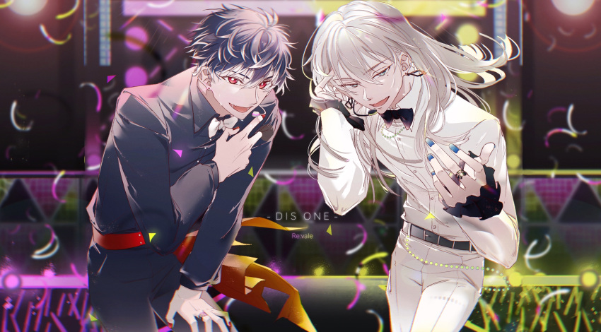 2boys, accookie, belt, bishounen, black_hair, blue_nails, bow, bowtie