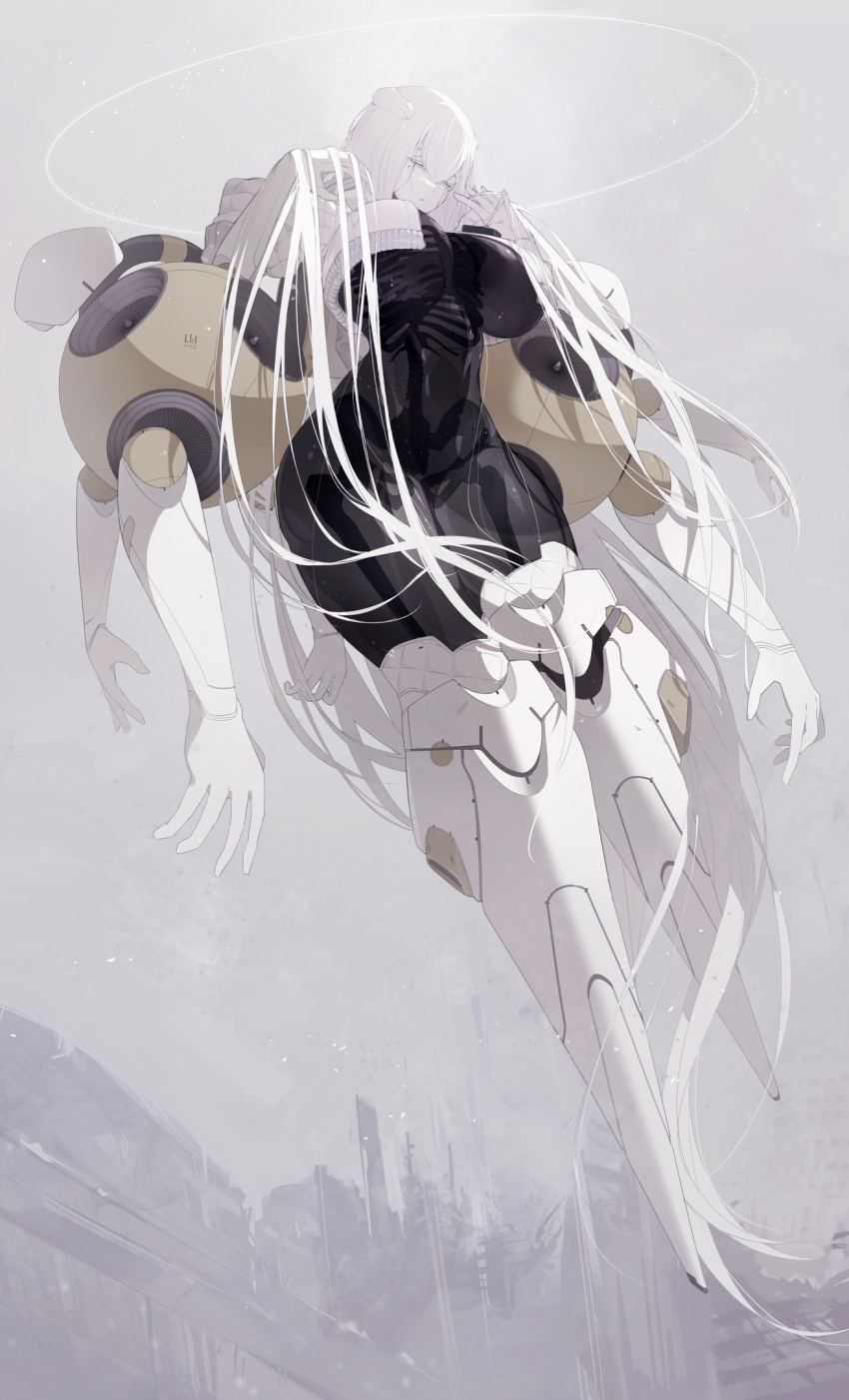 1girl, alternate_form, alternate_height, android, black_skin, breasts, closed_eyes, colored_skin