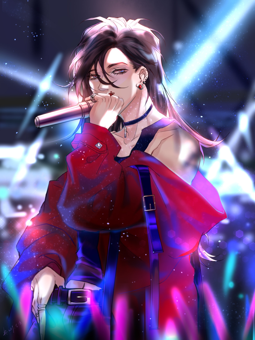 absurdres, choker, glowstick, highres, hua_cheng, idol, idol_clothes, looking_at_viewer, microphone, music, open_mouth, shiyangtacit, singing, spotlight, stage, stage_lights, tian_guan_ci_fu