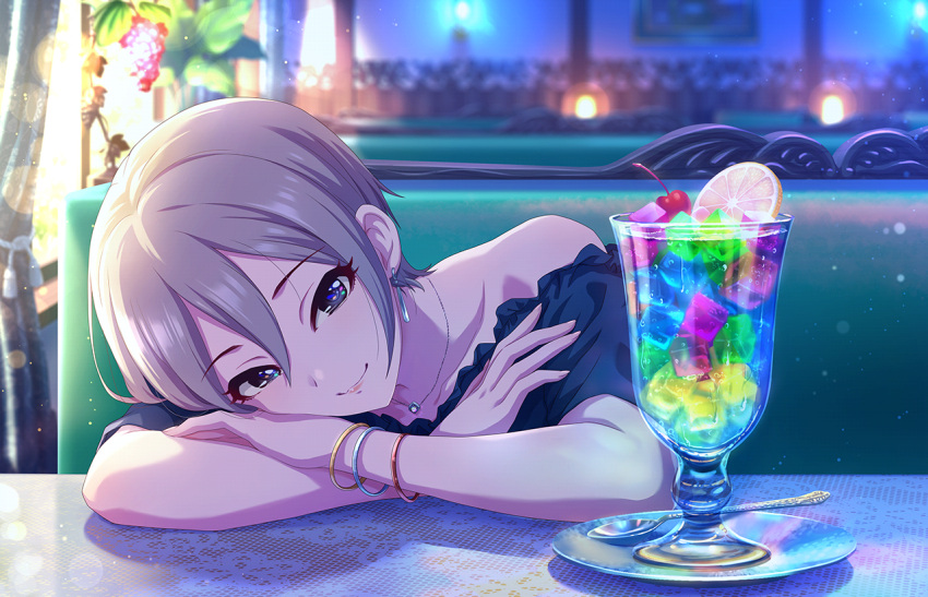 1girl, arm_rest, arms_on_table, blurry, bokeh, bracelet, collarbone, depth_of_field
