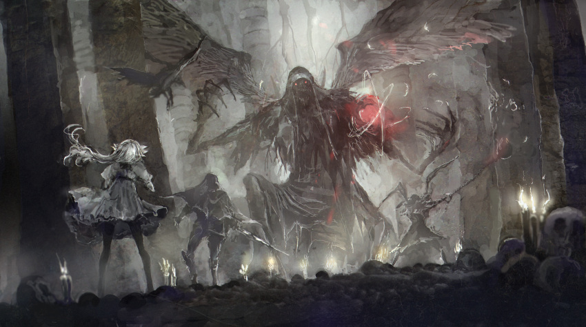 1girl, 2others, absurdres, battle, bird, crow, dress, ender_lilies_quietus_of_the_knights