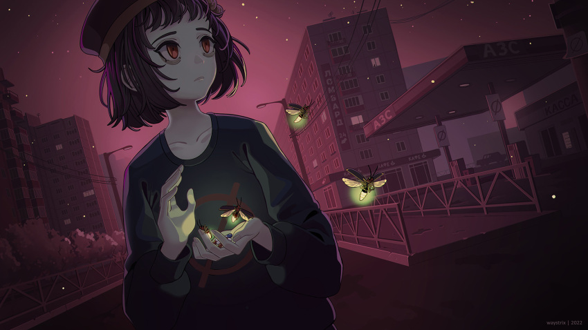 1girl, bags_under_eyes, beret, black_sweater, brown_hair, bug, building, bush
