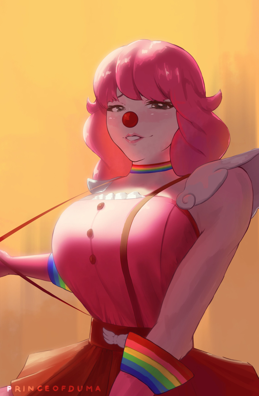 1girl, absurdres, ace_attorney, artist_name, breasts, brown_eyes, choker, clown