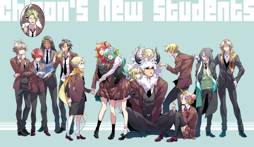 3girls, 6+boys, :d, :o, =_=, ^_^, achilles_(fate), achilles_(my_student_council)_(fate)