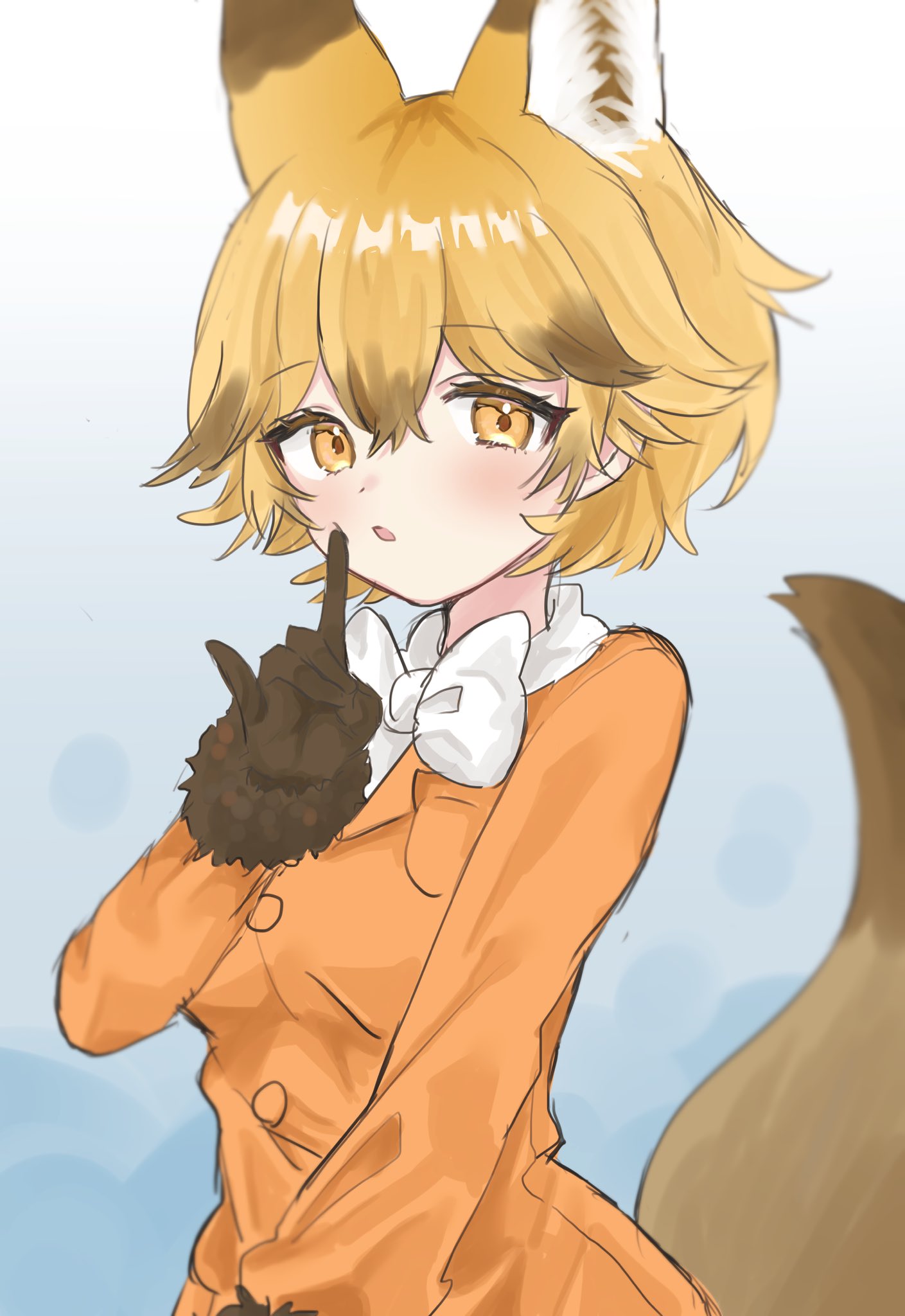 1girl, alternate_hairstyle, animal_ears, blush, bow, bowtie, brown_gloves, brown_hair