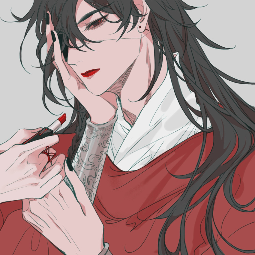 1boy, bishounen, black_hair, black_nails, braid, chinese_clothes, cosmetics, earrings