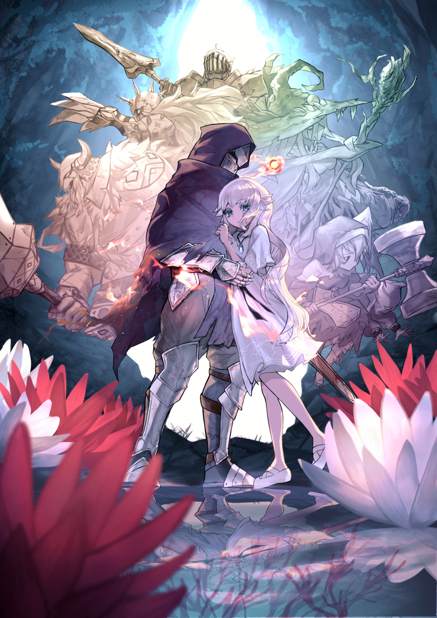 3girls, 4others, absurdres, armor, blue_eyes, cloak, dark_witch_eleine, ender_lilies_quietus_of_the_knights