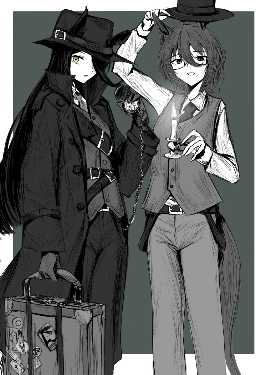 2girls, absurdres, agnes_tachyon_(umamusume), ahoge, alternate_costume, animal_ears, bangs, brown_eyes, coat, commentary, cthulhu_mythos, ears_through_headwear, glasses, grey_background, grey_theme, hair_over_one_eye, hat, highres, horse_ears, horse_girl, horse_tail, long_bangs, long_hair, manhattan_cafe_(umamusume), medium_hair, monochrome, multiple_girls, necktie, outside_border, overcoat, pocket_watch, rectangular_eyewear, spot_color, sudachi-udon, suitcase, tail, umamusume, vest, watch, yellow_eyes