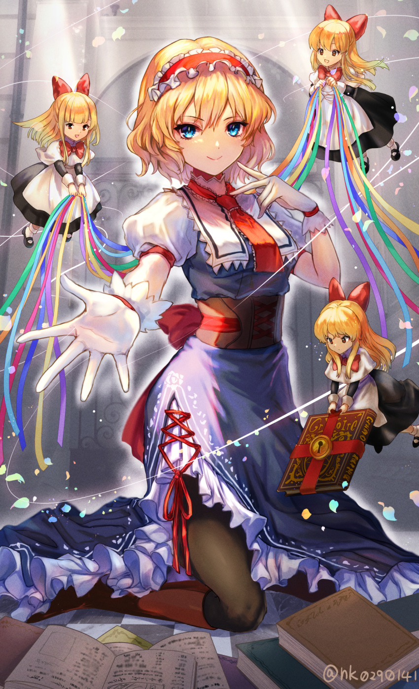 1girl, alice_margatroid, black_pantyhose, blonde_hair, blue_dress, blue_eyes, book, closed_mouth