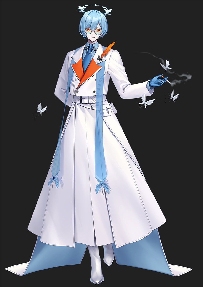 1boy, alternate_color, androgynous, arm_behind_back, bangs, belt, black_background, blue-tinted_eyewear, blue_gloves, blue_hair, blue_necktie, blue_shirt, bob_cut, boots, bug, butterfly, buttons, cigarette, collared_shirt, commentary_request, cropped_jacket, full_body, gardevoir, glasses, gloves, halo, hand_up, happy, highres, holding, holding_cigarette, humanization, jacket, kitashira_chuusan, lapels, long_sleeves, looking_at_viewer, male_focus, necktie, orange_eyes, orange_feathers, pokemon, pouch, round_eyewear, shiny, shiny_hair, shiny_pokemon, shirt, short_hair, sidelocks, simple_background, skirt, smile, smoke, solo, standing, teeth, tinted_eyewear, white_footwear, white_jacket, white_skirt