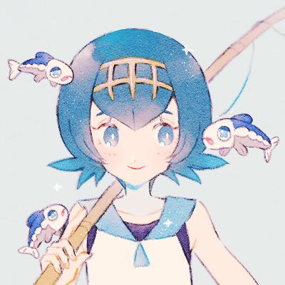 1girl, blue_eyes, blue_hair, blue_sailor_collar, bright_pupils, closed_mouth, commentary_request, fishing_rod, grey_background, hairband, holding, holding_fishing_rod, lana_(pokemon), lowres, pokemon, pokemon_(creature), pokemon_(game), pokemon_sm, ryokuno_green, sailor_collar, shirt, short_hair, sleeveless, sleeveless_shirt, smile, upper_body, white_shirt, wishiwashi, wishiwashi_(solo), yellow_hairband