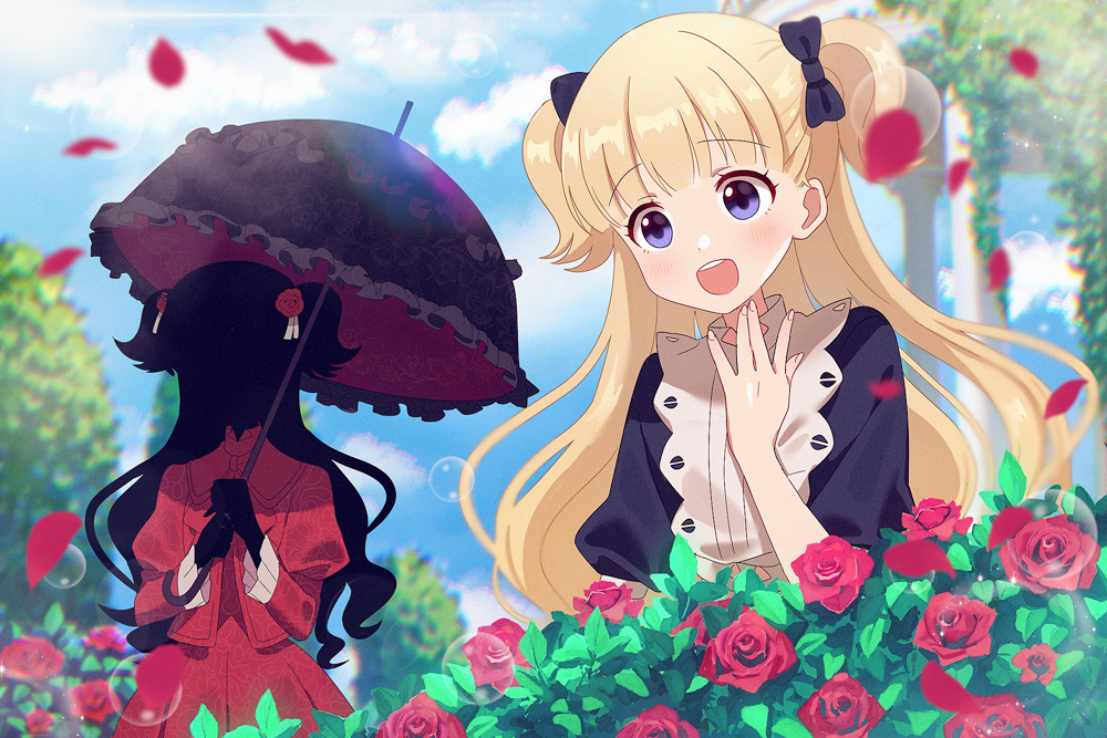 2girls, bangs, black_skin, blonde_hair, blue_bow, blue_dress, blue_eyes, blunt_bangs
