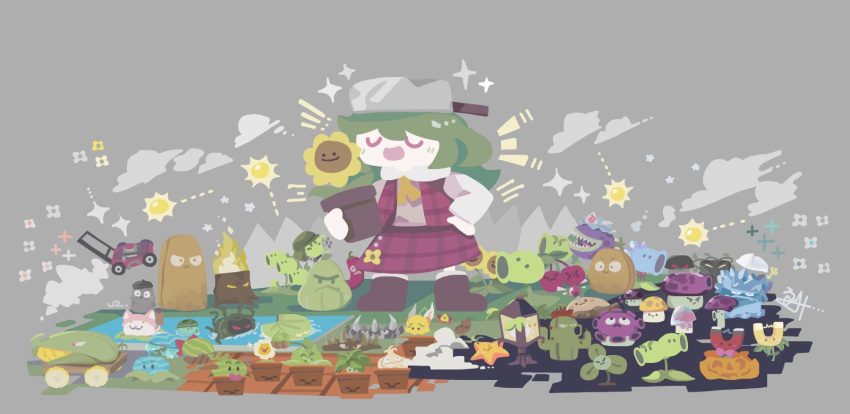 1girl, :d, absolutely_everyone, blover_(plants_vs_zombies), blue_headwear, blush, cabbage-pult_(plants_vs_zombies), cactus_(plants_vs_zombies)