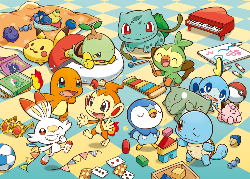 ball, berry_(pokemon), blanket, book, bowl, bulbasaur, candy_wrapper, card