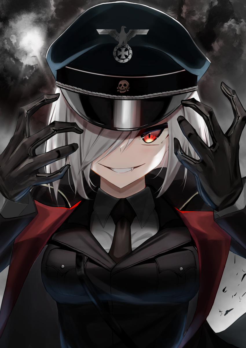 1girl, black_gloves, black_headwear, black_jacket, black_necktie, breasts, collared_shirt, fang, fang_out, gloves, hair_over_one_eye, hat, highres, jacket, jiseki_rena, long_sleeves, medium_breasts, military, military_uniform, nazi, necktie, original, peaked_cap, red_eyes, shirt, short_hair, slit_pupils, smile, solo, totenkopf, uniform, upper_body, vampire, white_hair, white_shirt