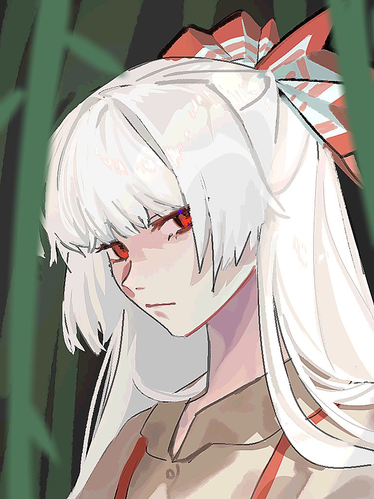1girl, annindofu_umaaa, bamboo, bamboo_forest, bangs, bow, collared_shirt, commentary