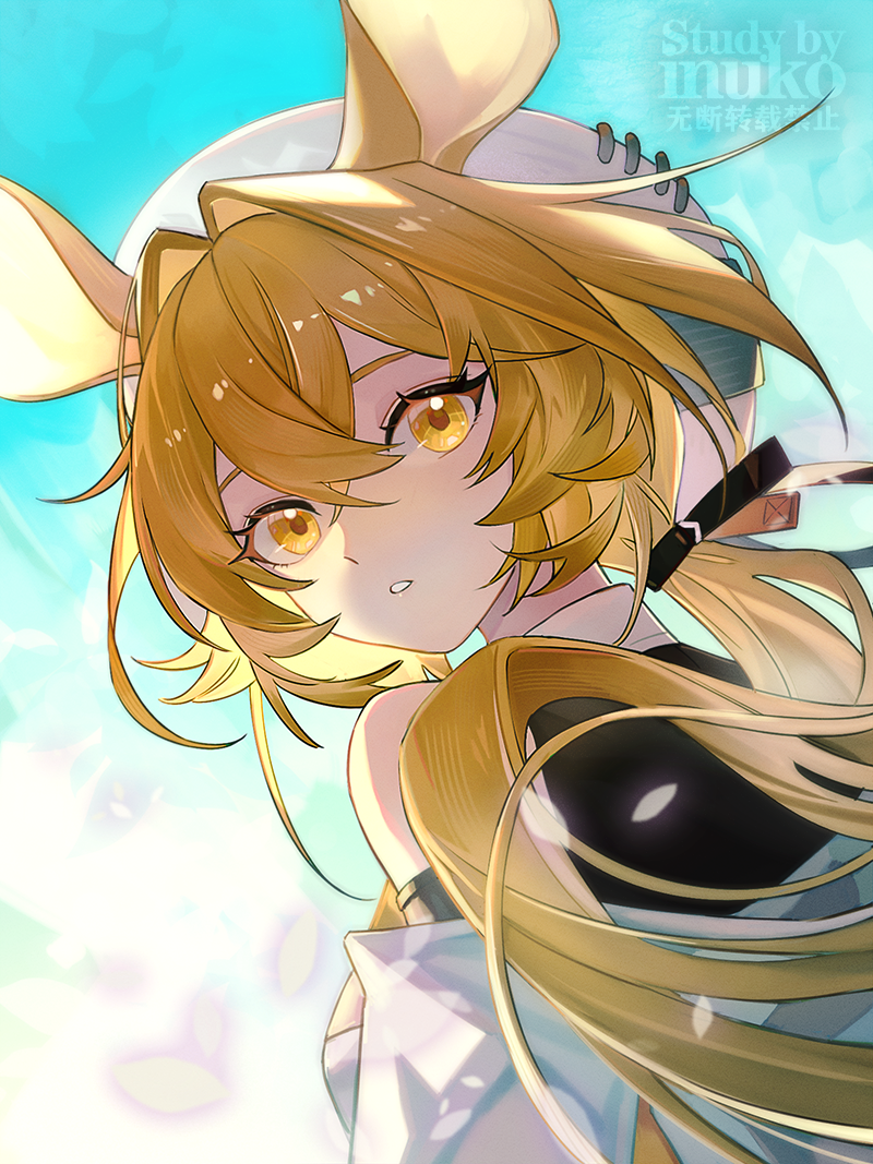 1girl, animal_ears, arknights, artist_name, bangs, bare_shoulders, black_ribbon, blonde_hair