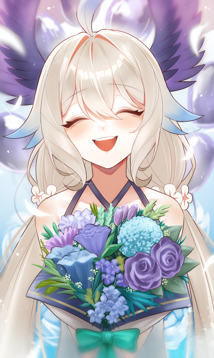 1girl, absurdly_long_hair, absurdres, ahoge, bangs, bird_girl, blonde_hair, blue_flower